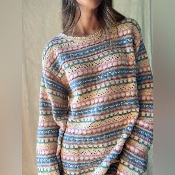 Vintage Pastel Multi-Patterned Knit Crossings Jumper Sweater – 100% Cotton - Picture 6 of 13